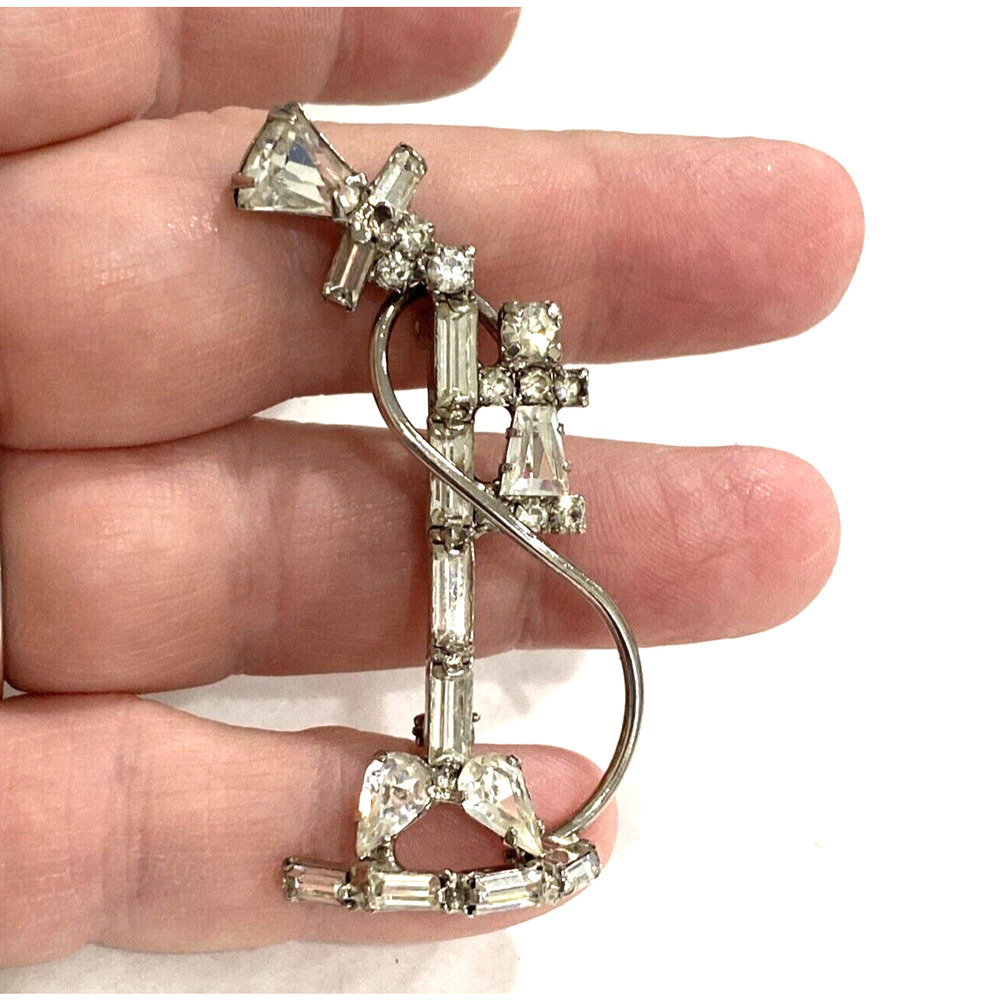Vintage brooch silvertone and clear white rhinestone antique stick telephone pin - Picture 9 of 9